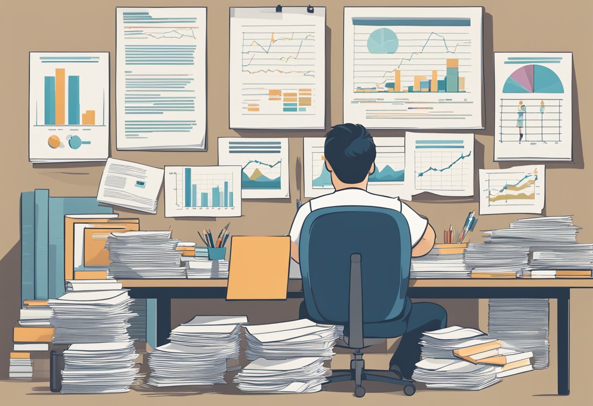A person sits at a desk surrounded by paperwork, comparing various debt solutions. Charts and graphs are spread out in front of them, as they carefully consider their options