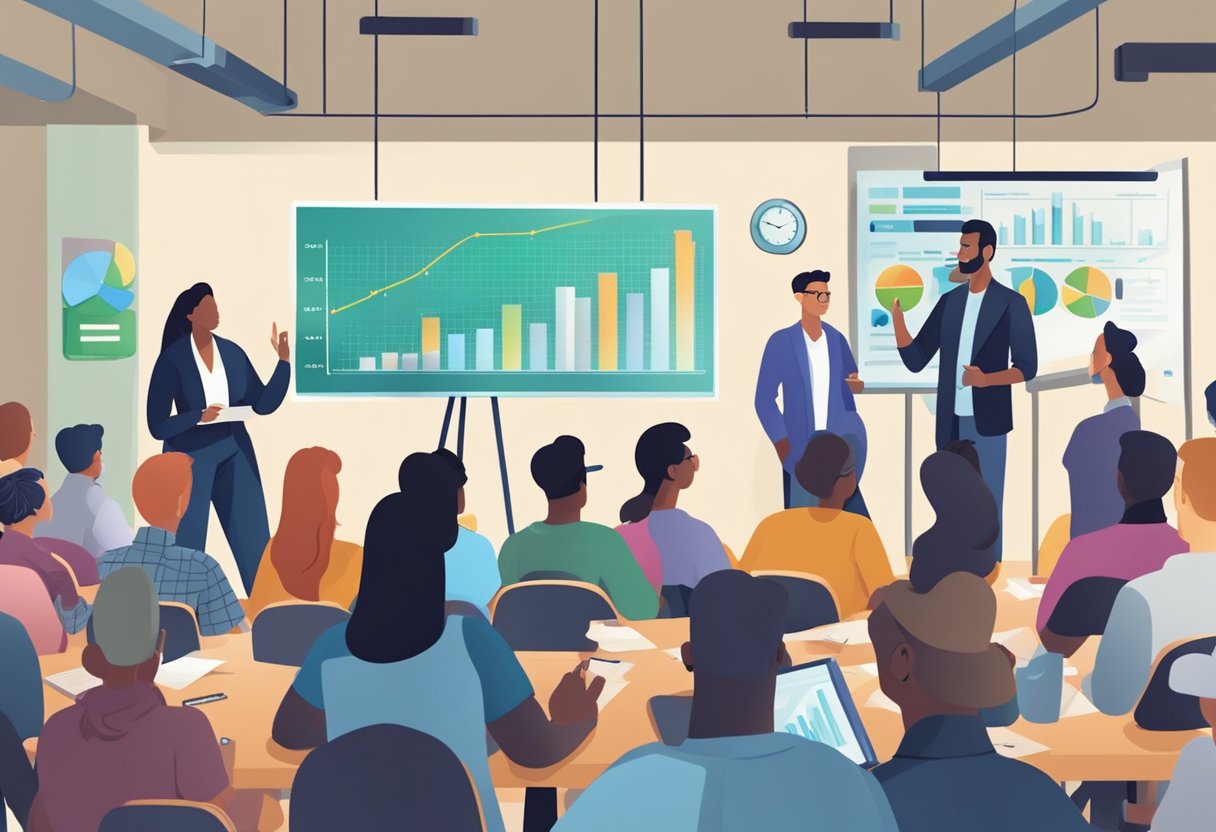A diverse group of people attend a financial education workshop. Charts and graphs illustrate budgeting and debt prevention. The atmosphere is engaging and informative