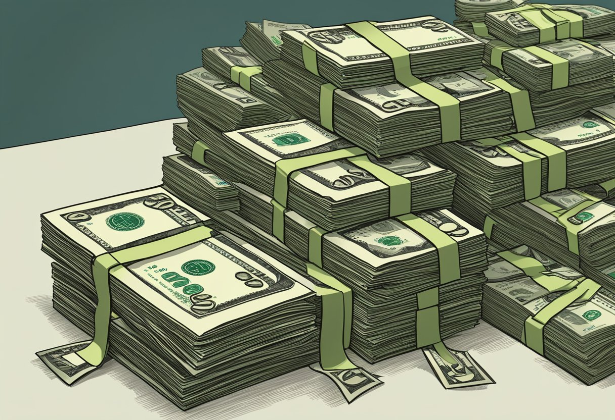 A pile of money shrinking in size as it sits on a table, while a graph showing rising inflation rates looms in the background