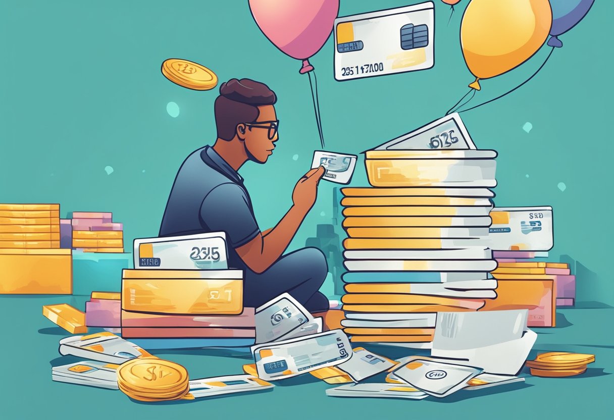 A stack of bills and credit cards surrounded by rising numbers and a balloon symbolizing inflation, with a person adjusting their budget in the background