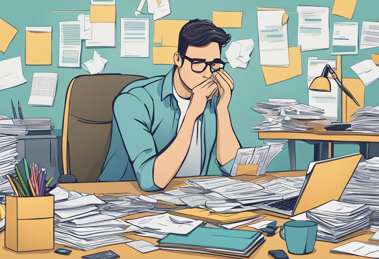 A person sitting at a cluttered desk, surrounded by bills and financial statements. They appear stressed and overwhelmed, with a furrowed brow and a hand on their forehead