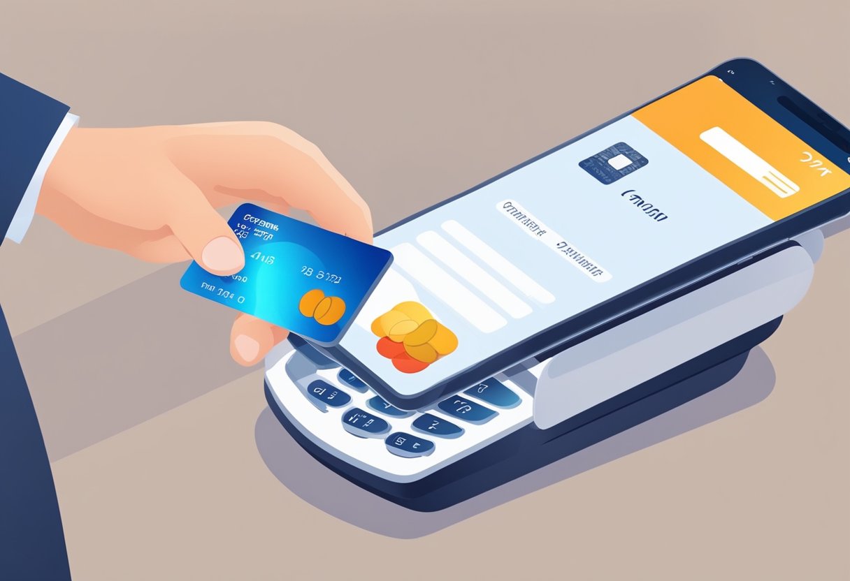 A hand holds a credit card and enters payment information into a smartphone. The screen displays a confirmation of a balance transfer