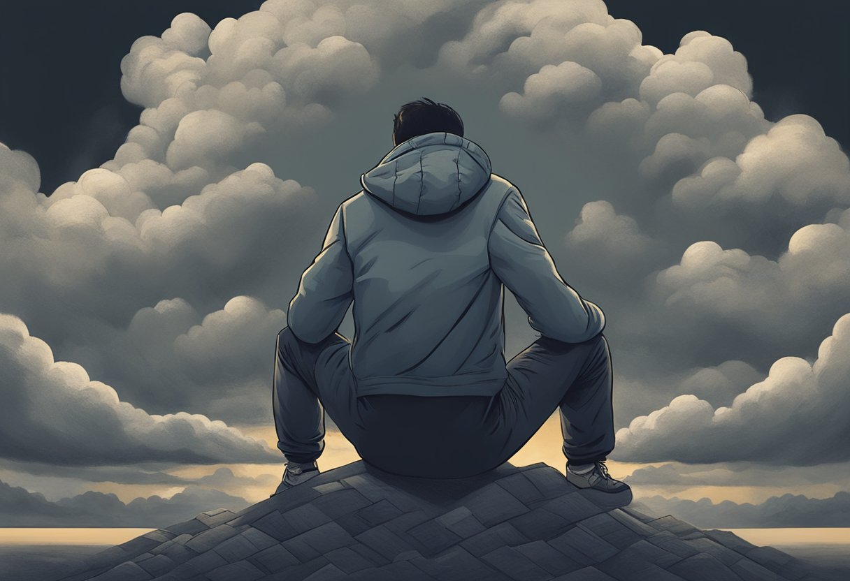 A person surrounded by looming, dark clouds representing debt, with a heavy weight on their shoulders. They are shown seeking support and guidance to manage the impact on their mental health