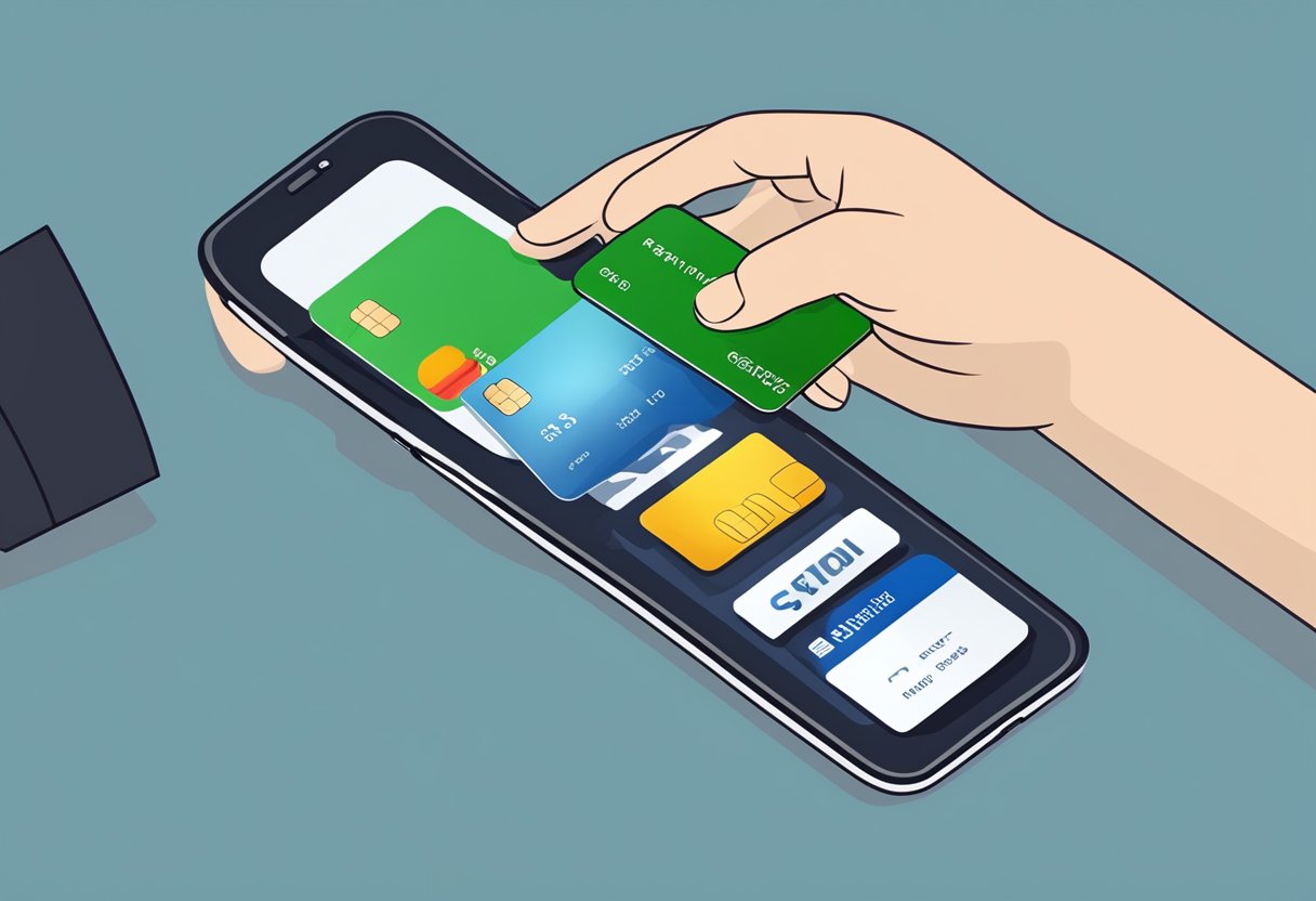 A hand holding a smartphone with a transfer button highlighted. Another hand holding a credit card ready to input information. A progress bar indicating the transfer process