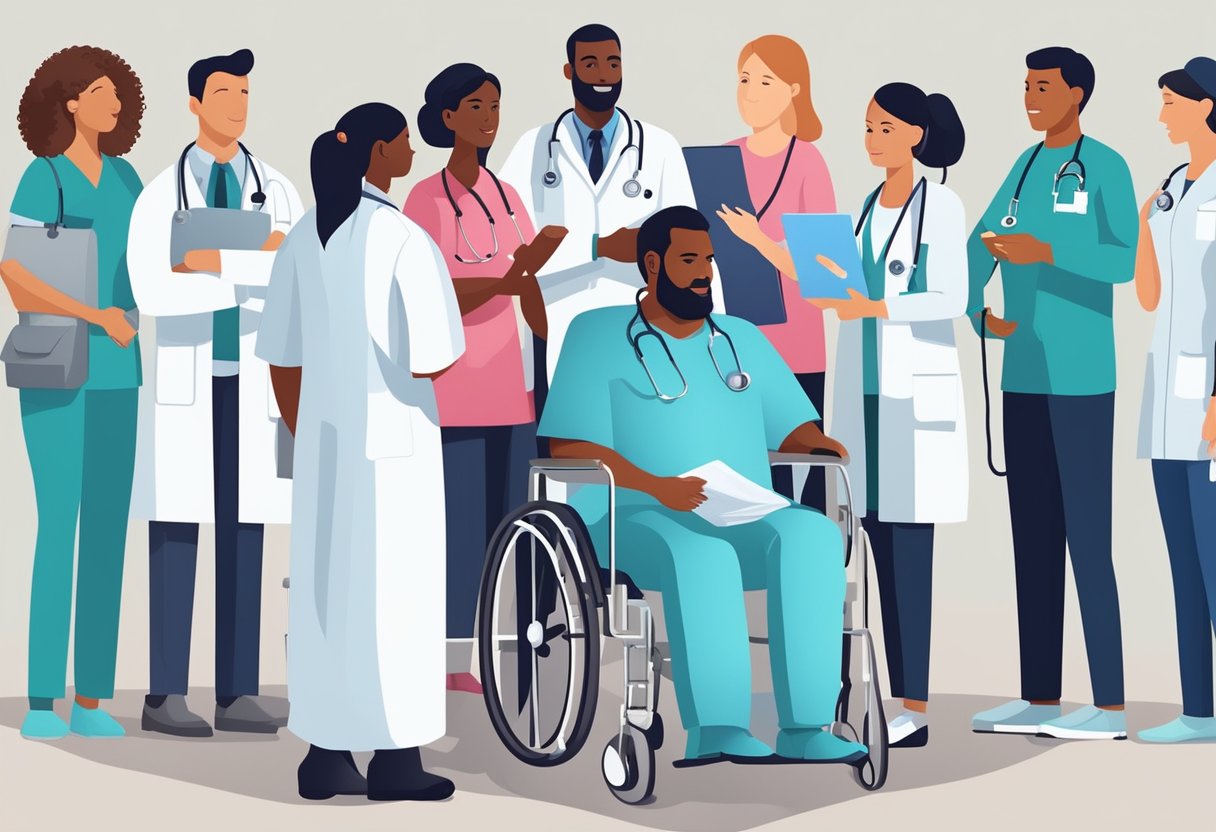 A diverse group of people receiving medical care and assistance under the Affordable Care Act (Obamacare), with doctors and nurses providing support