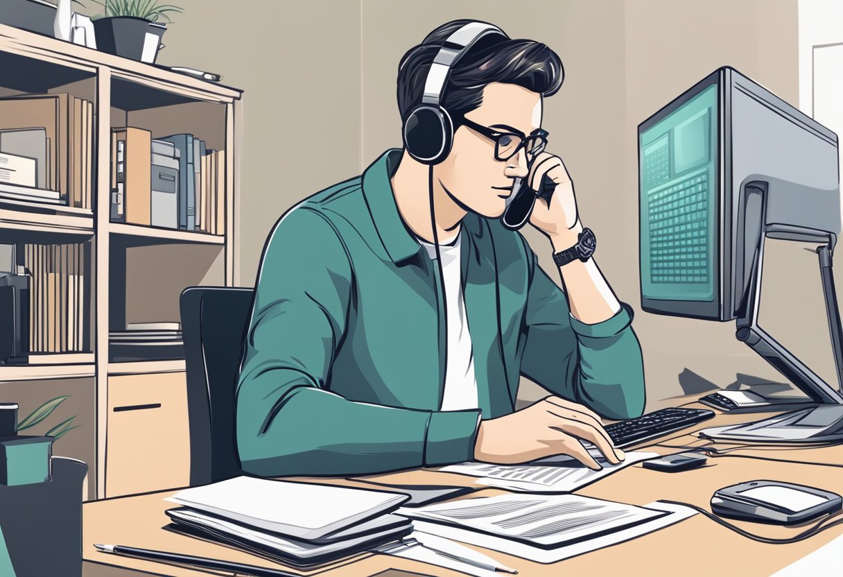 A person sitting at a desk with a computer, phone, and paperwork, making a phone call and sending emails to collect a debt remotely