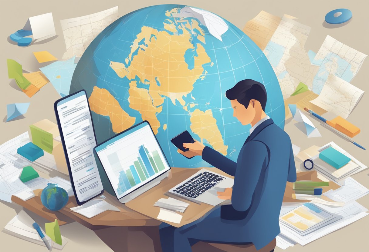 A figure holding a phone and laptop, surrounded by documents and a calculator. A map and globe in the background, representing distance