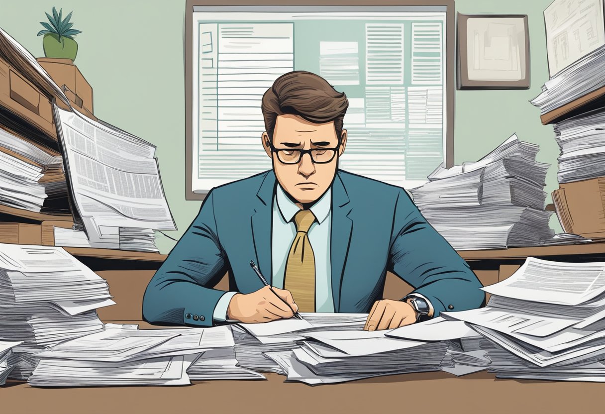 A person reviewing paperwork with a confused expression, surrounded by legal documents and administrative forms related to Social Security debt