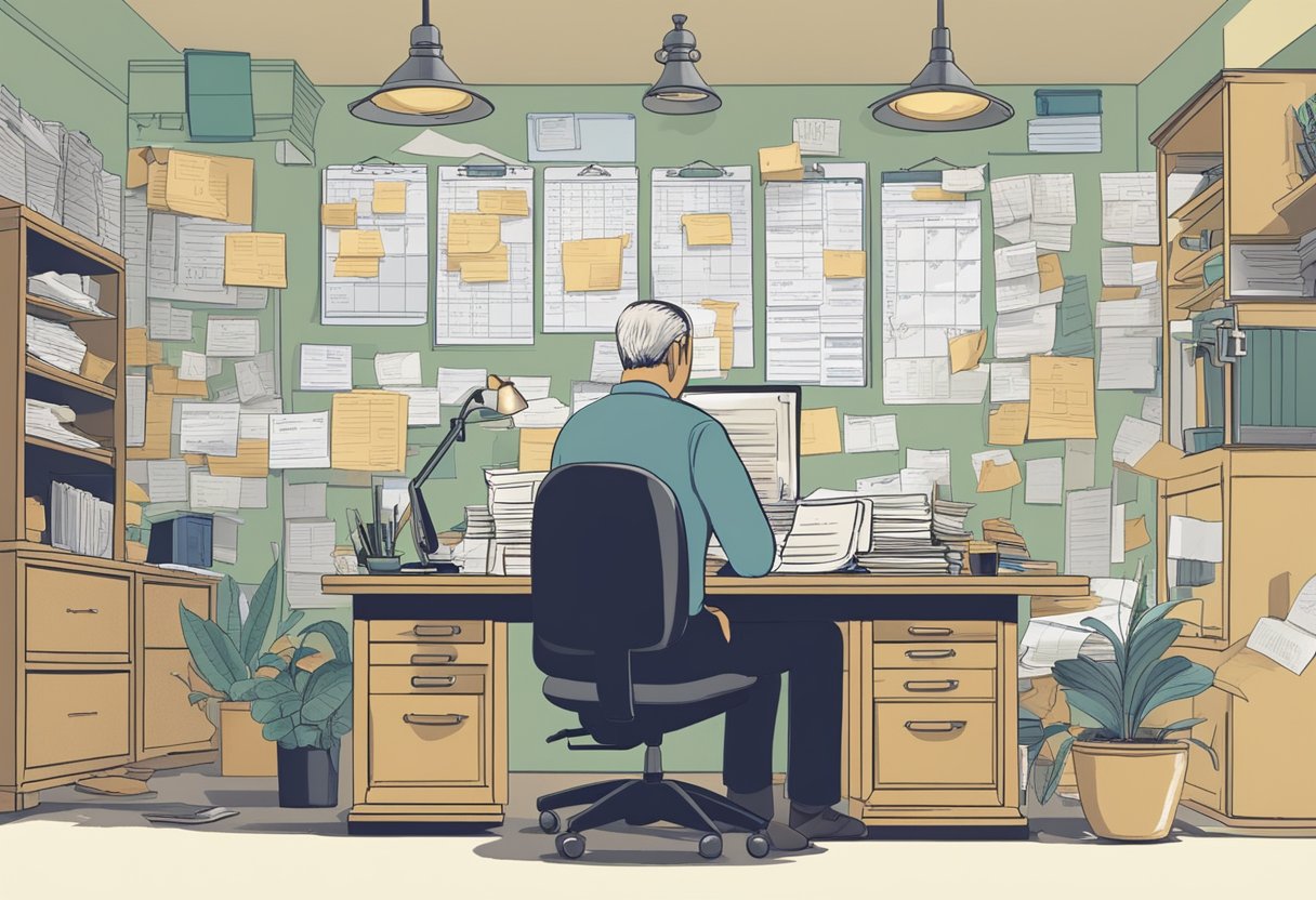 A small business owner sits at a cluttered desk, surrounded by unpaid bills and invoices. The calendar on the wall shows the passing of time as the debt to the Social Security remains unpaid
