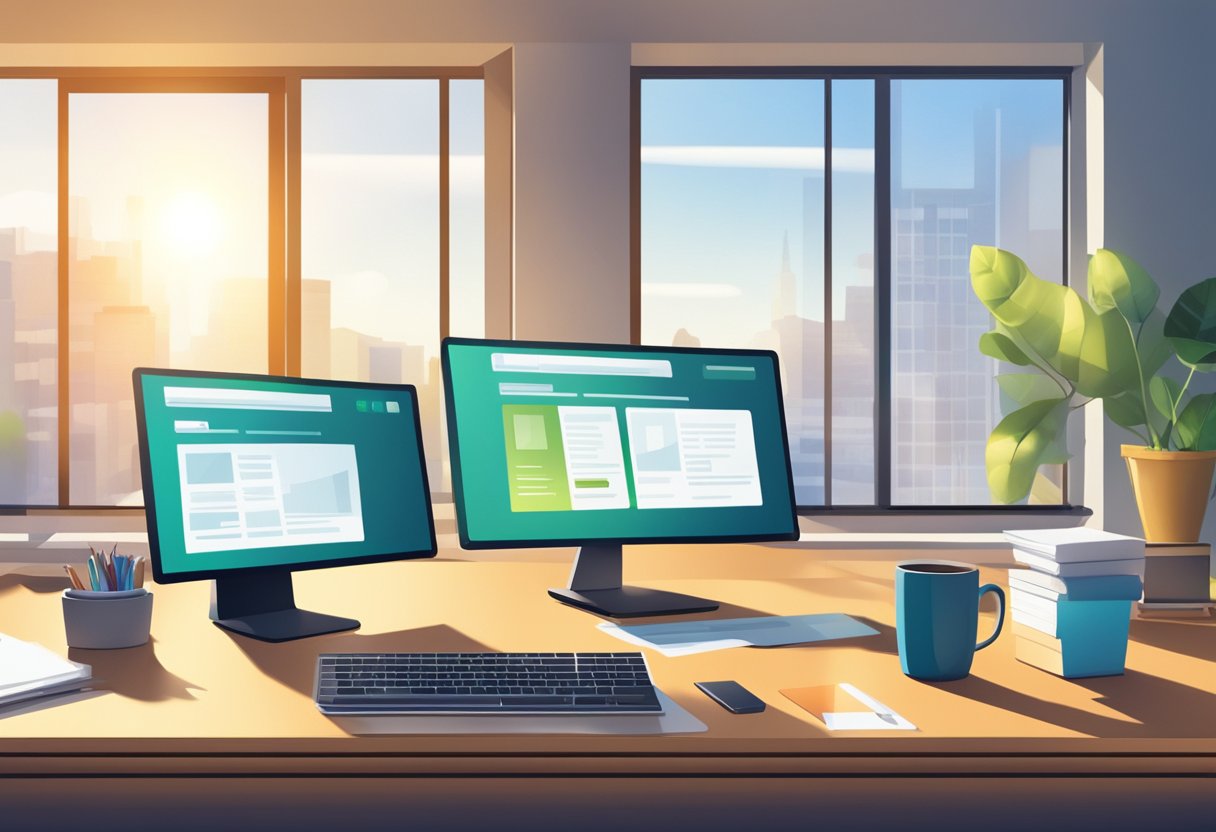 An office desk with a computer, phone, and paperwork. A virtual payment platform displayed on the computer screen. Sunlight streaming through a window