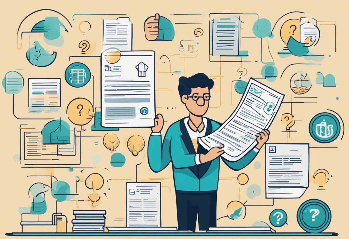 A person holding a document with a list of eligibility criteria and limitations for debt forgiveness, surrounded by question marks and financial symbols