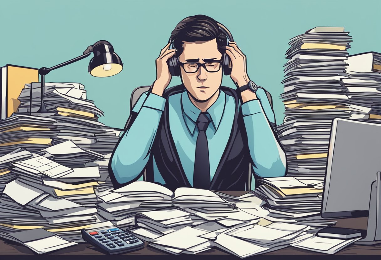 A person sitting at a desk surrounded by piles of paperwork, a calculator, and a phone. They have a concerned expression as they contemplate their debts