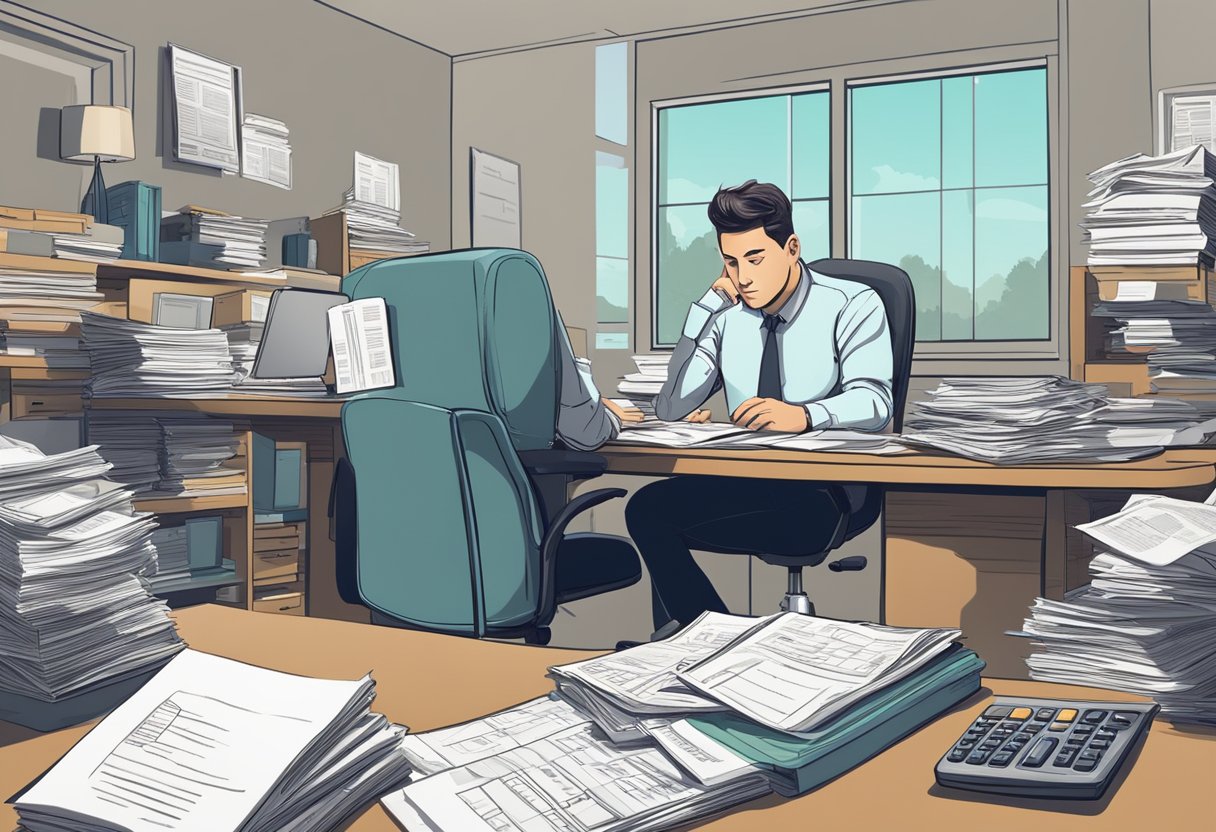 A person sitting at a desk, surrounded by financial documents and calculators. They have a thoughtful expression as they consider their tax and financial obligations