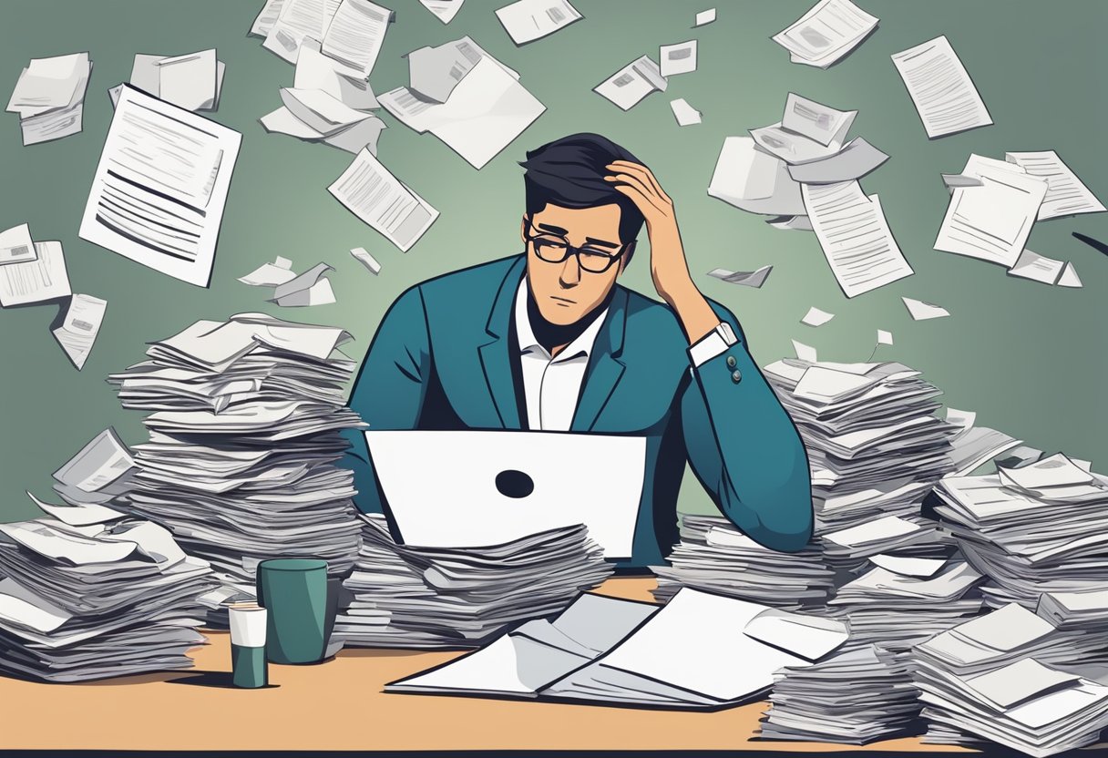 A person surrounded by piles of bills and financial documents, looking stressed and overwhelmed. They are contemplating their options for consolidating and refinancing their debts