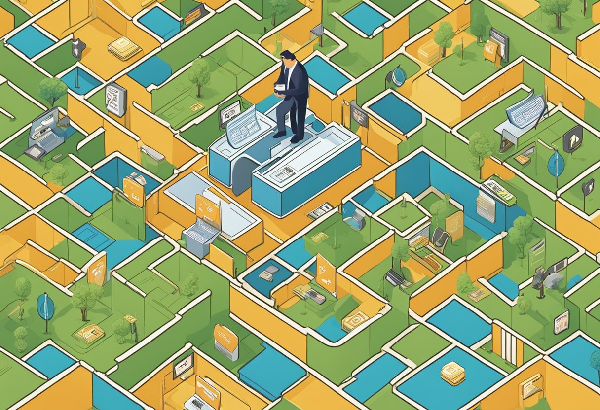 A person researching debt relief options for credit cards, surrounded by caution signs and a maze of traps and scams