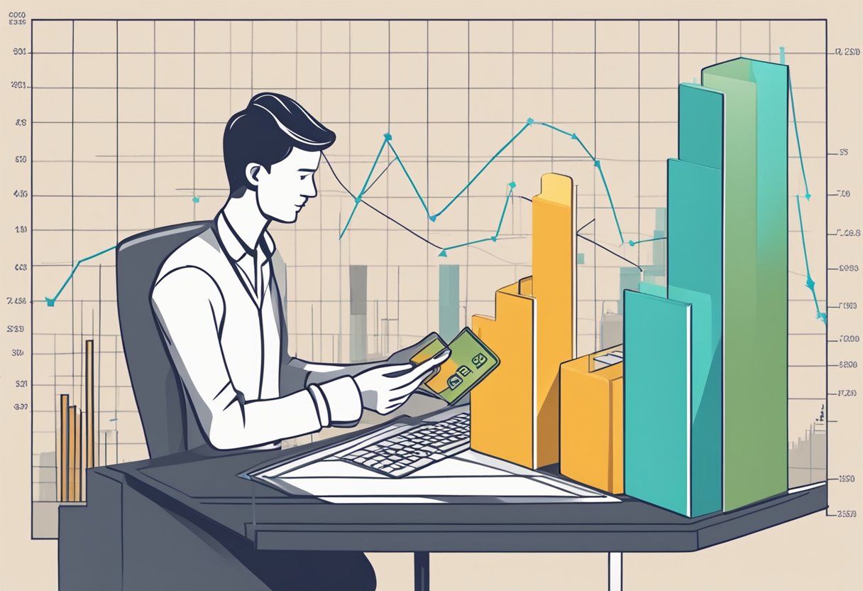 A person using a credit card to make a payment while a graph or chart shows different amortization strategies