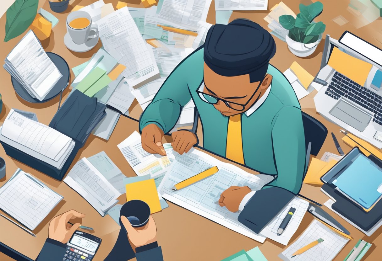 A person sitting at a desk, surrounded by bills and financial documents. They are calculating expenses and income, searching for ways to pay off debt quickly