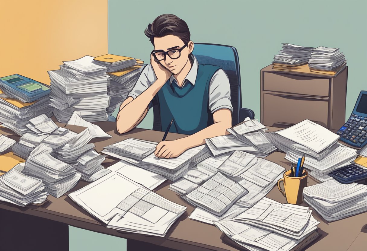 A person sitting at a desk surrounded by various financial documents, looking stressed and overwhelmed. A calculator, pen, and notepad are scattered across the desk