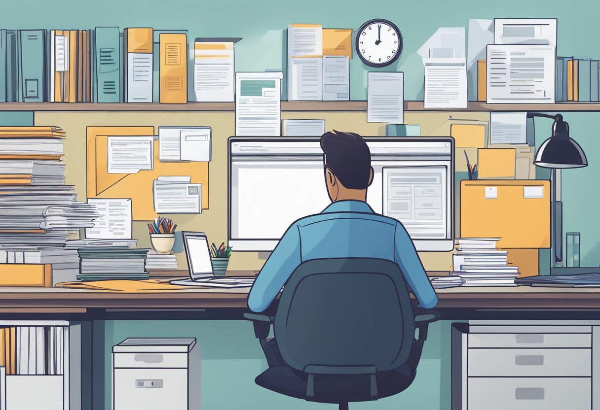 A person sitting at a desk, surrounded by paperwork and a computer, researching federal loan consolidation eligibility and requirements in the USA