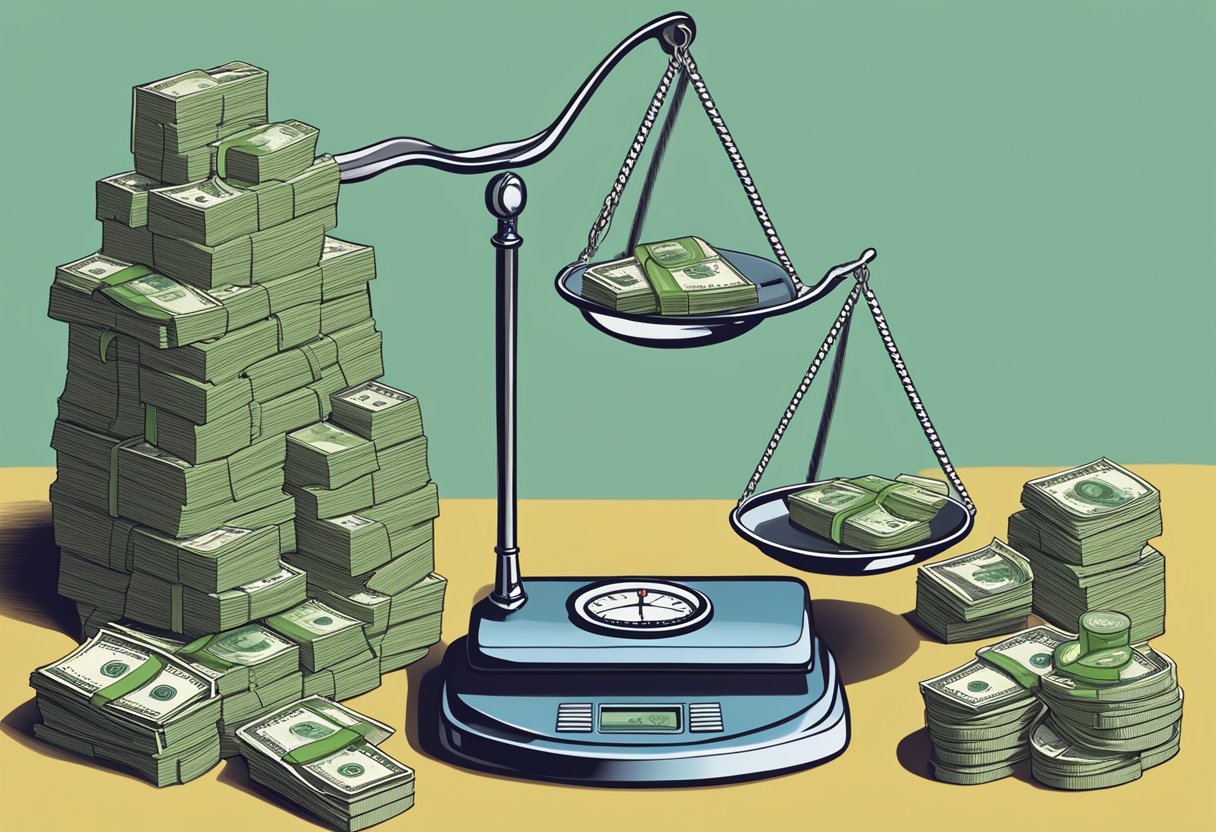 A scale weighing down on the federal side while a stack of money sits on the private side, symbolizing the difference between federal and private loans for debt consolidation in the USA