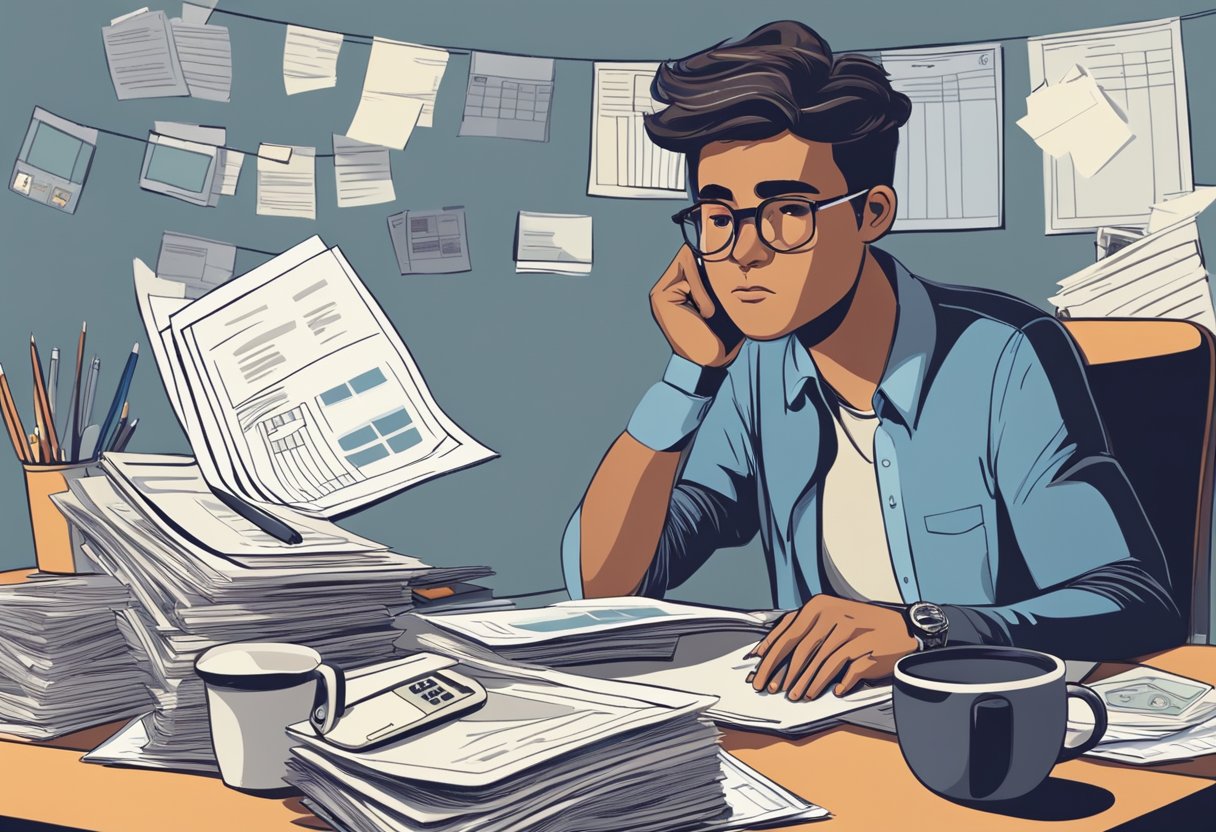 A person sitting at a desk, surrounded by bills and financial documents, with a worried expression on their face. They are holding a calculator and looking at various options for managing their debt