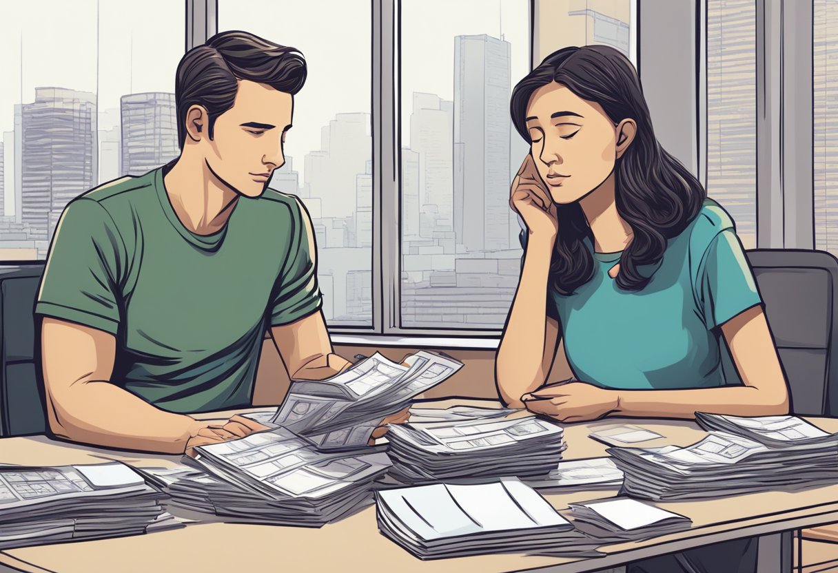 A couple sits at a table, facing each other with concerned expressions. A stack of bills and a calculator are placed between them, while they engage in a serious conversation