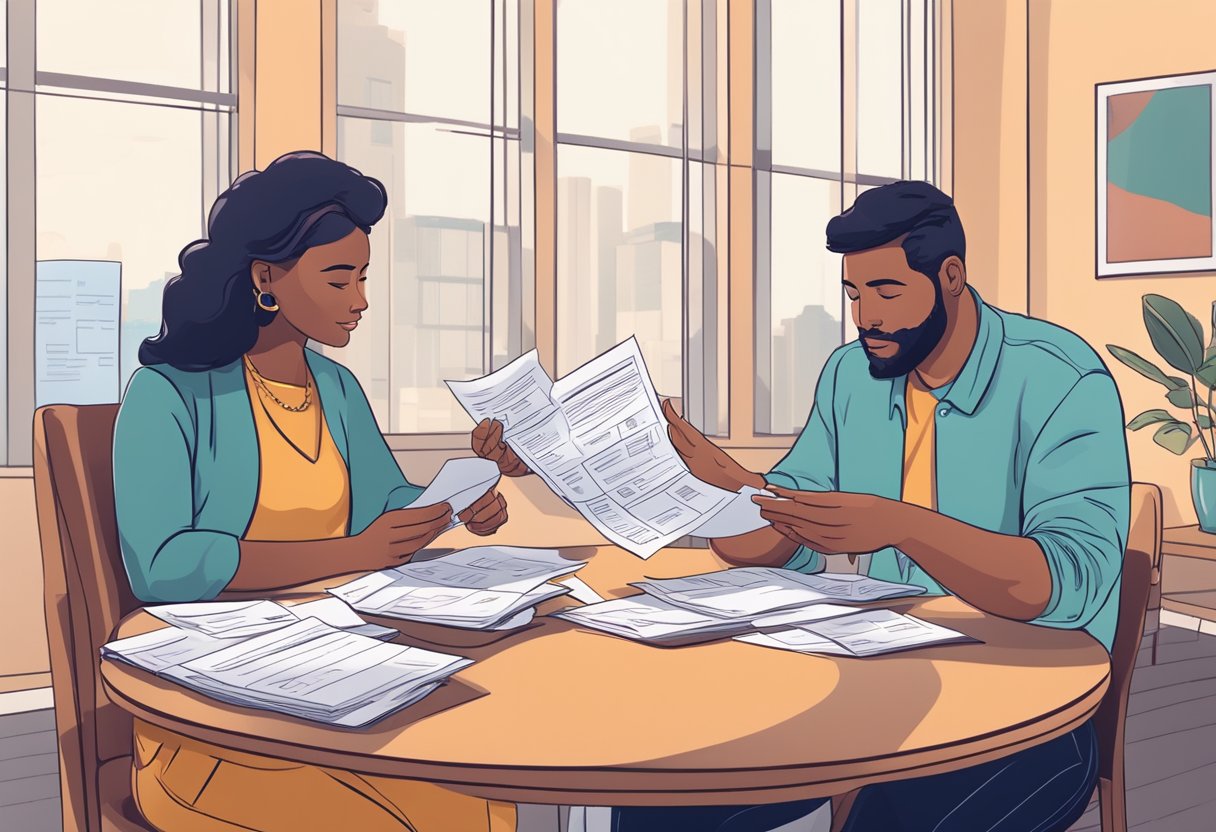 A couple sits at a table, reviewing bills and financial documents. They gesture and discuss the topic of debt, with calculators and budget spreadsheets in front of them