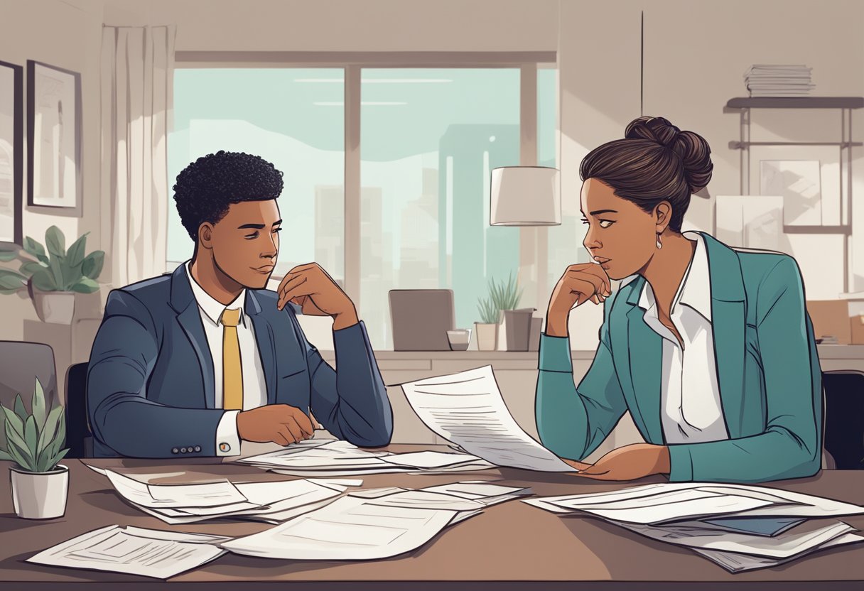 A couple sits at a table, surrounded by bills and financial documents. They appear to be having a serious conversation, gesturing and looking at each other with concern
