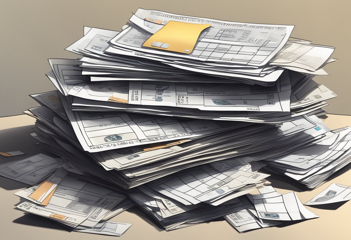 A stack of unpaid credit card bills and a growing pile of overdue notices on a cluttered desk. The stress of financial burden is evident in the disarray of the room