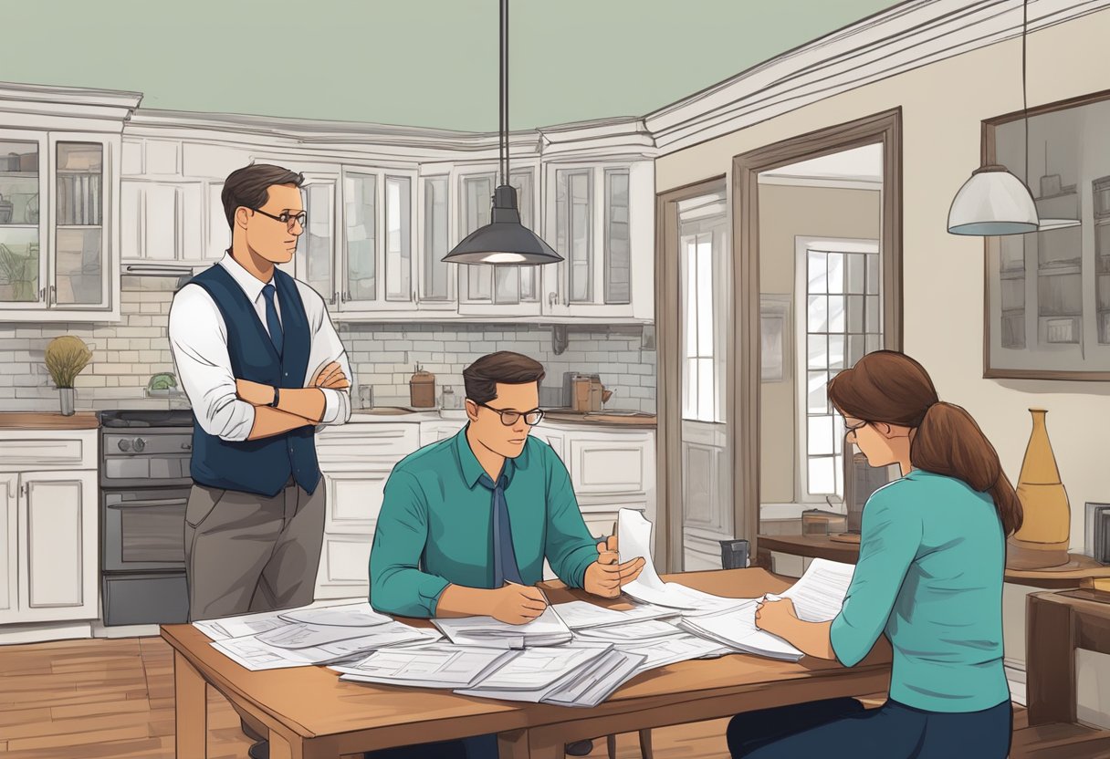 An inspector examines a house while a couple discusses finances. Bills and documents are scattered on a table as they navigate through the process of buying a home