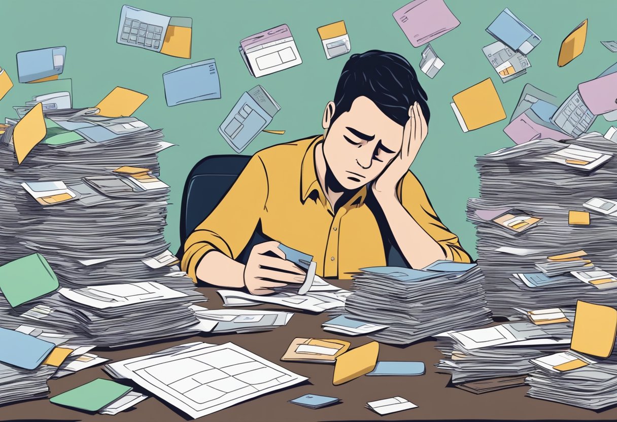 A person surrounded by piles of credit card bills, looking stressed and overwhelmed. A calculator and budgeting worksheets are scattered on the table
