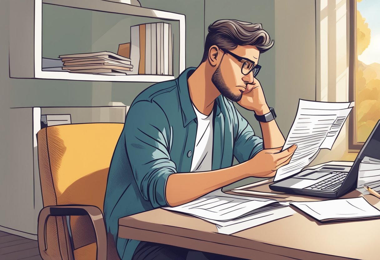 A person receiving a warning letter about unpaid credit card debt, with a worried expression while looking at the letter