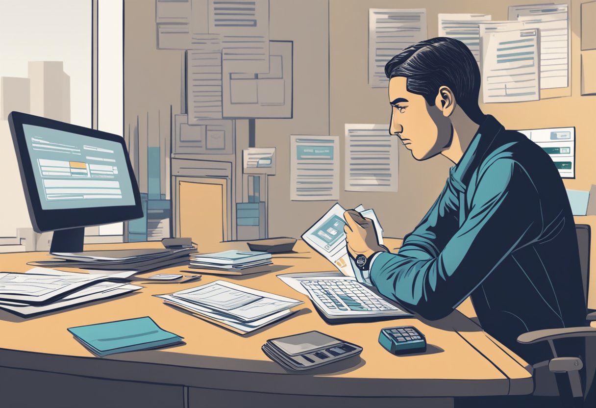 A person sits at a desk, surrounded by credit card statements and a calculator. They appear contemplative as they weigh the benefits and risks of using credit cards to consolidate debts