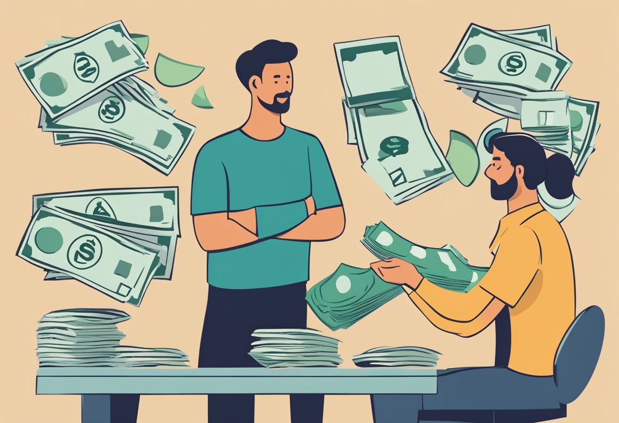 A person comparing two options: debt management and debt settlement. One side shows a stack of unpaid bills, while the other side shows a pile of money being used to pay off debts