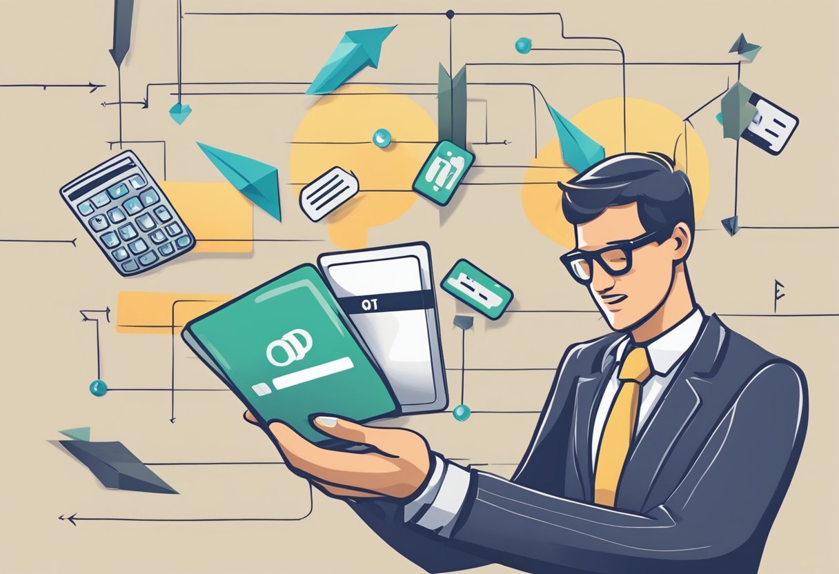 A person using a credit card to pay off multiple debts, with arrows pointing towards and away from the card to represent the benefits and risks of debt consolidation