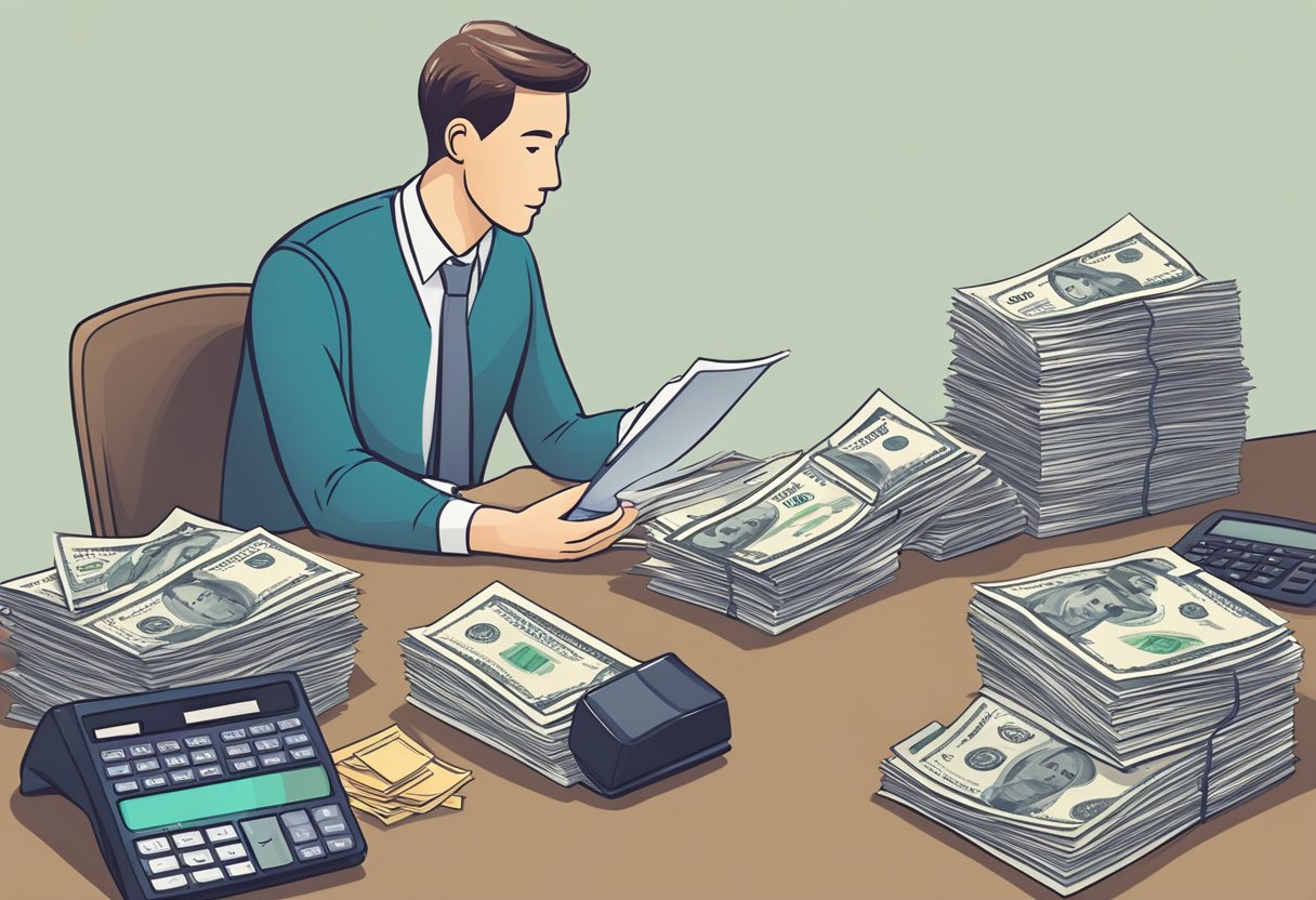 A person sitting at a desk with two piles of bills and a calculator. One pile represents debt management, the other debt settlement. The person is comparing the two options