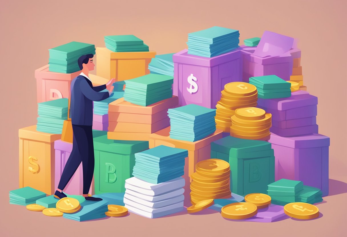 A person organizing and managing their debts, with one pile representing debt management and another representing debt settlement