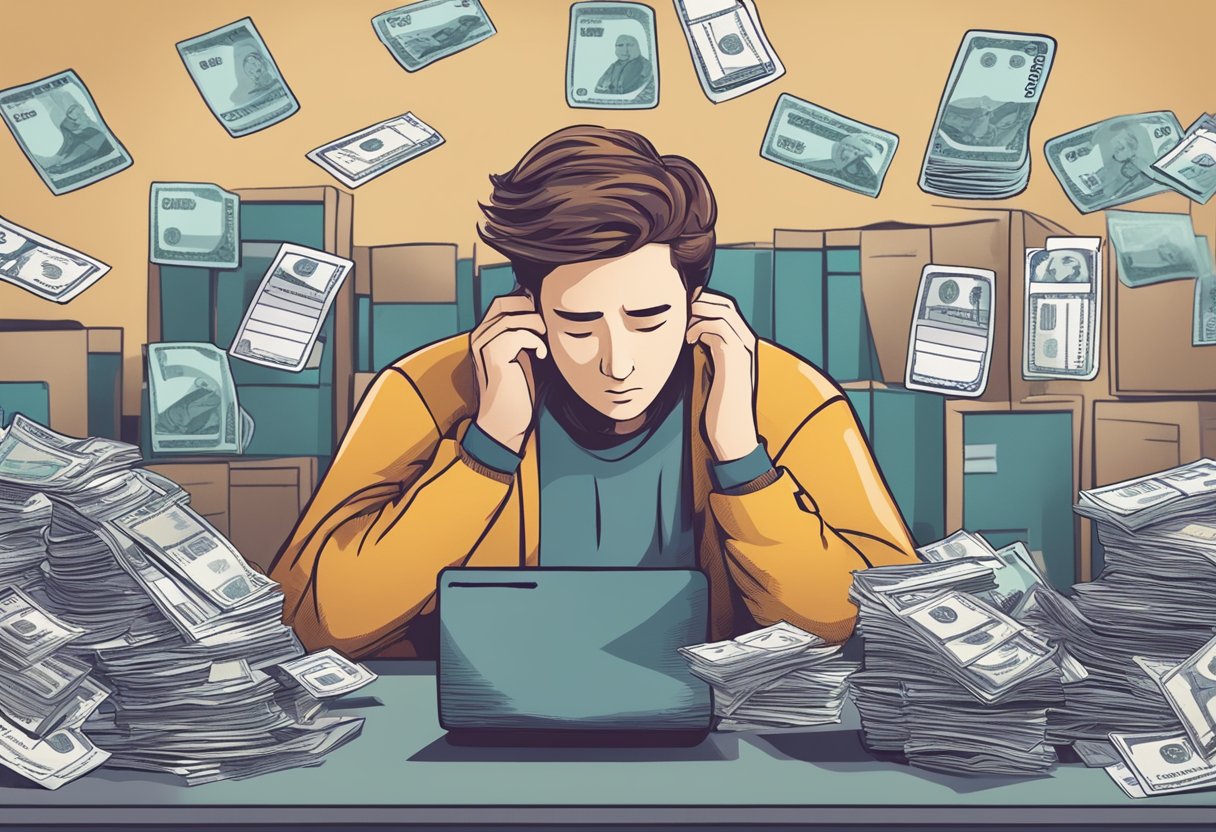 A person surrounded by credit card bills, looking stressed. Options for debt consolidation are displayed in the background