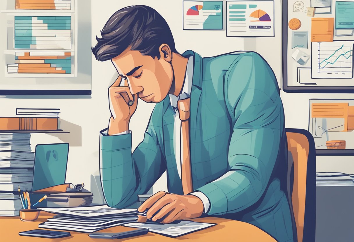 A person weighing different options for credit card debt consolidation. They are surrounded by various financial documents and charts, pondering their choices