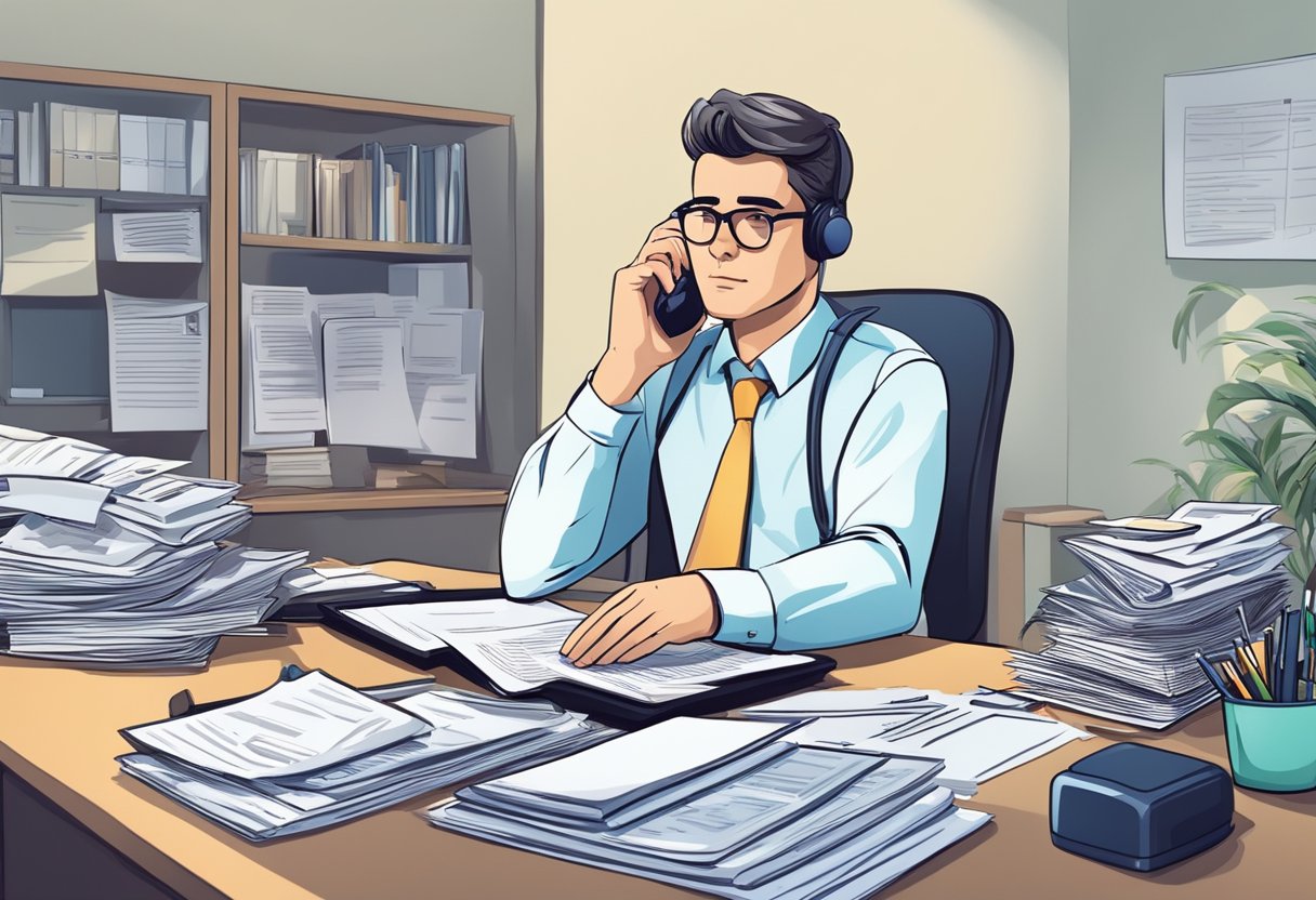 A person sitting at a desk with paperwork and a calculator, talking on the phone with a serious expression, surrounded by medical bills and financial documents