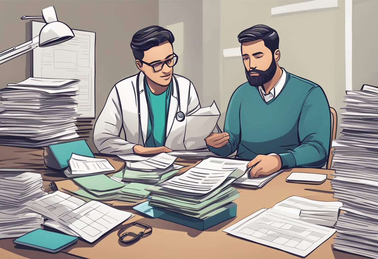 A person negotiating medical debt with a collection agency. Sitting at a desk, discussing payment options and terms. Files and paperwork scattered around