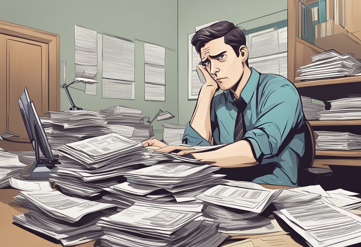 A person sitting at a desk, surrounded by bills and paperwork. They are looking through documents with a confused expression, trying to determine if the debts are really theirs