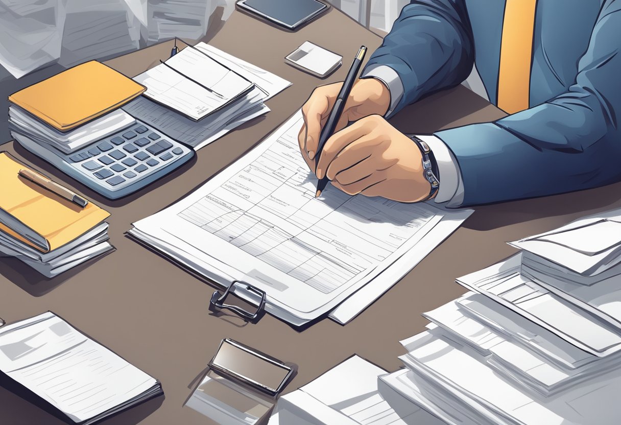 A person reviewing a list of bills and financial statements, while making notes and organizing documents on a desk