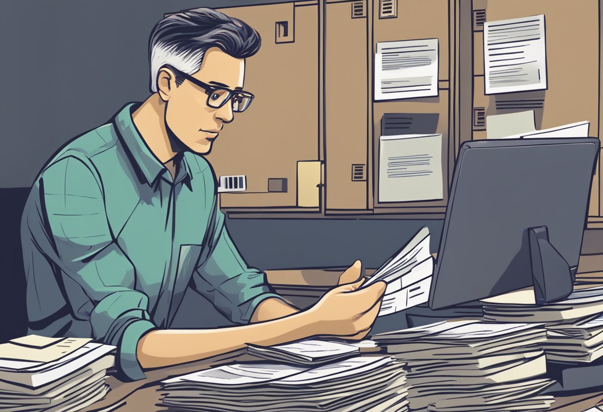 A person examining a stack of bills and credit card statements, with a puzzled expression while comparing them to a list of fraudulent charges