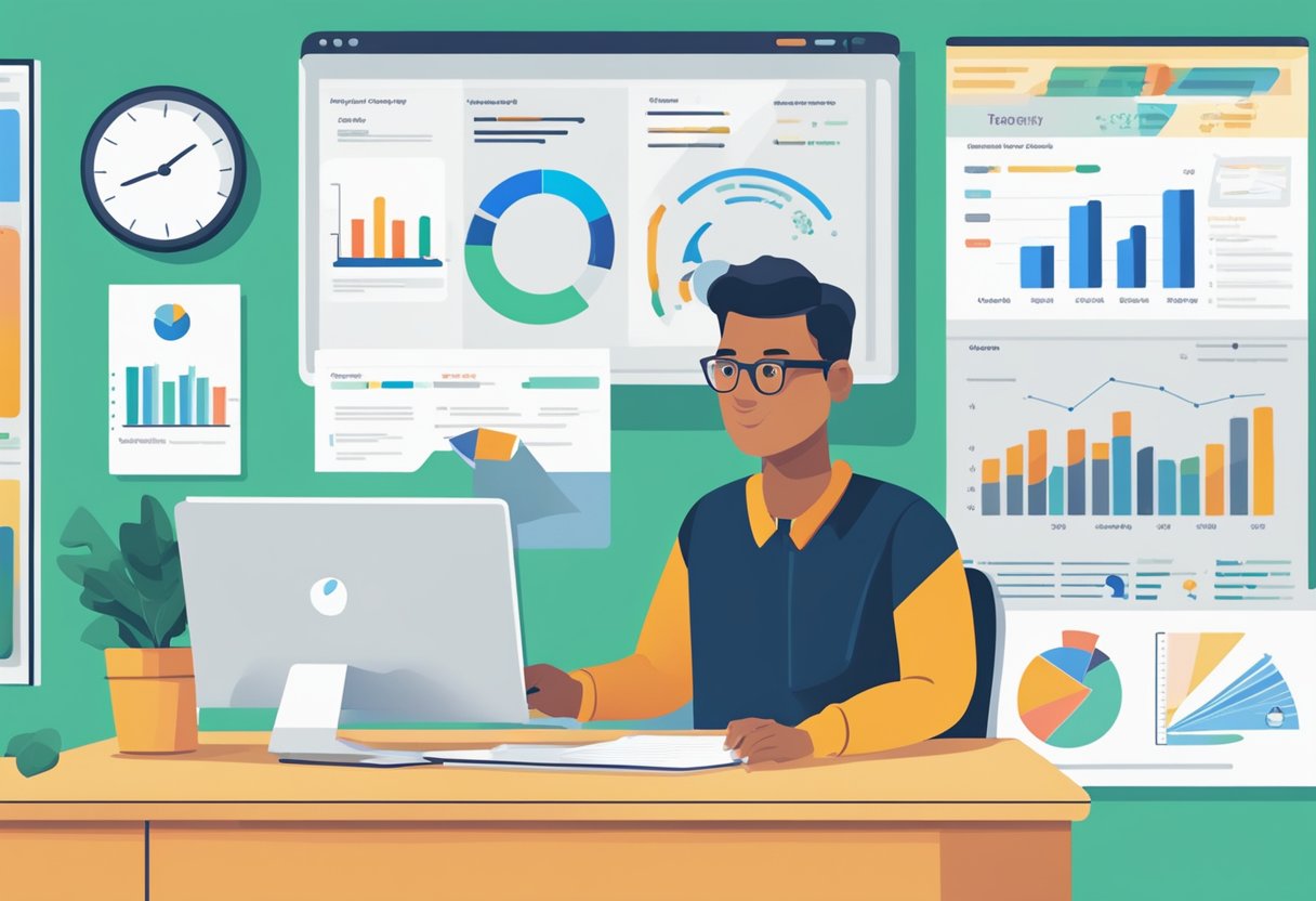 A person reviewing credit reports on a computer screen, surrounded by charts and graphs. A checklist of credit score tips is pinned to the wall