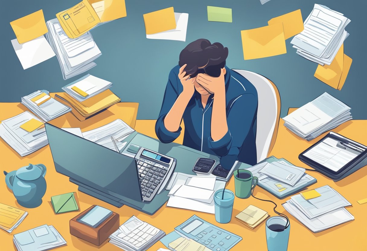 A person sitting at a desk surrounded by credit card statements, a calculator, and a notebook, looking stressed and overwhelmed