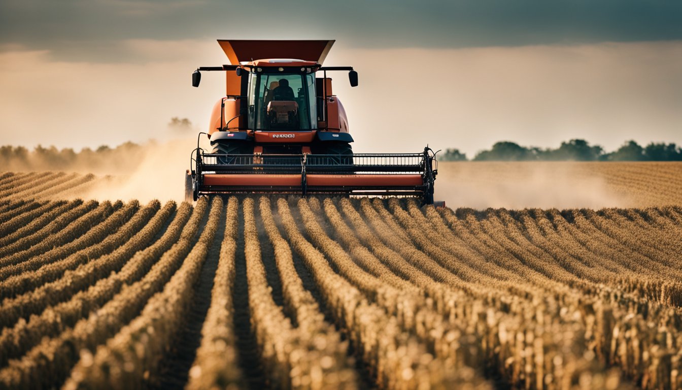 An agricultural field with rows of crops being harvested by machinery