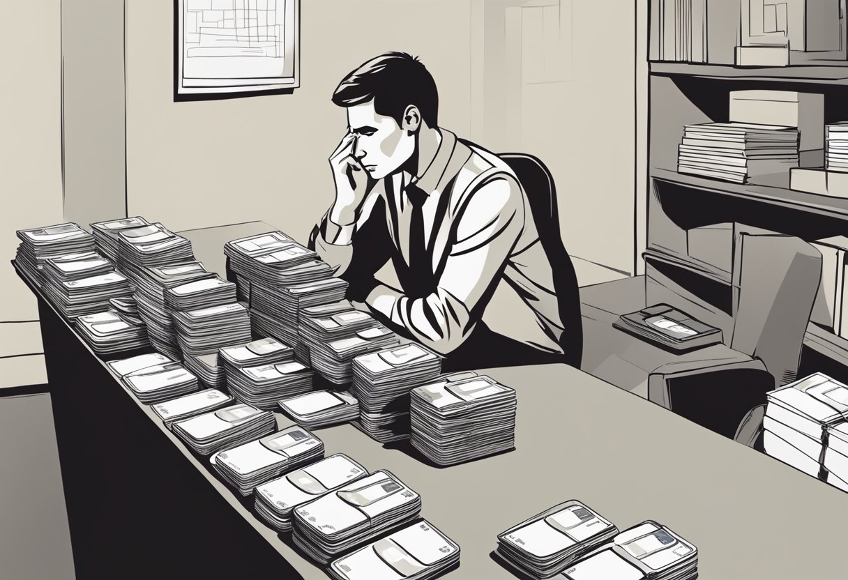 A stack of credit cards with increasingly larger numbers on them, casting a shadow over a worried individual sitting at a desk