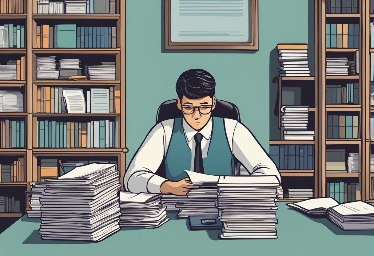 A person standing at a desk with a stack of papers, a calculator, and a worried expression. They are surrounded by legal books and documents