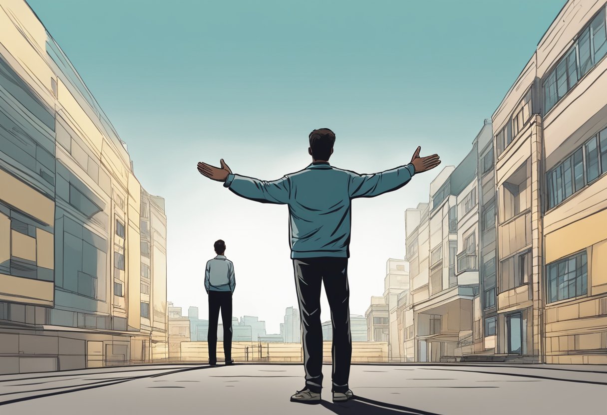 A person standing with open hands facing upwards, looking frustrated and questioning, while another figure is seen walking away in the background